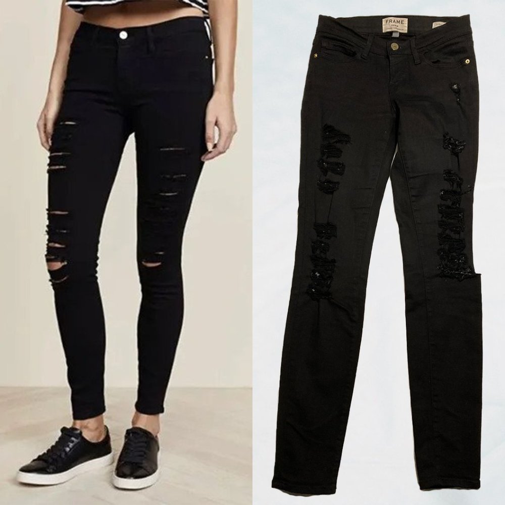 FRAME Black Le Skinny de Jeanne Distressed Jeans